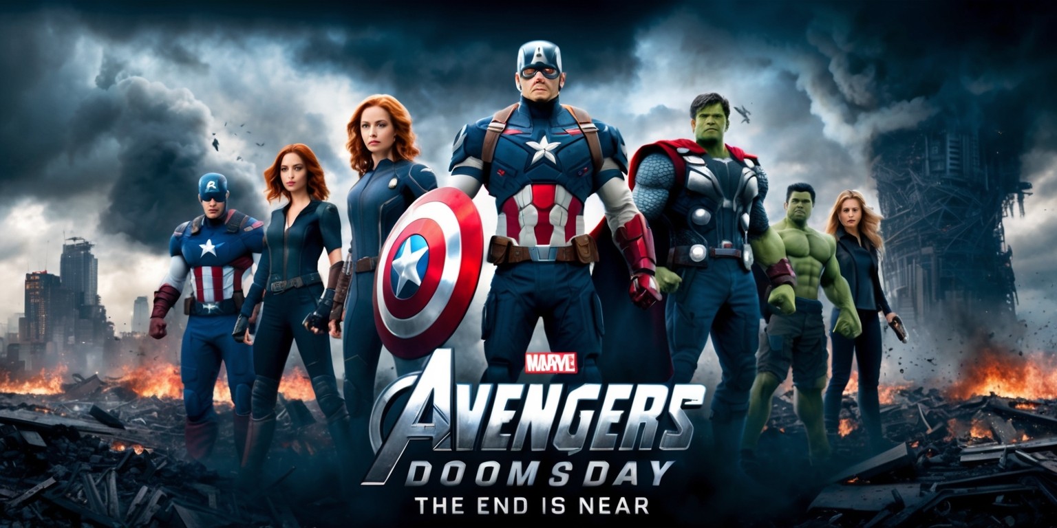 A sweeping cinematic poster for the Avengers Doomsday movie, set against a dark and ominous backdrop with hues of deep blues and grays, evoking a sense of impending doom. In the foreground, the Avengers team stands united, with Iron Man, Captain America, Black Widow, Thor, Hulk, and Hawkeye prominent in the composition. Each superhero is rendered in vivid detail, with intricate textures on their costumes and determined expressions on their faces. Iron Man's armor glows with a faint blue light, while Captain America's shield shines with a subtle sheen. In the distance, a massive, apocalyptic cityscape looms, with crumbling skyscrapers and burning debris scattered throughout. The title 