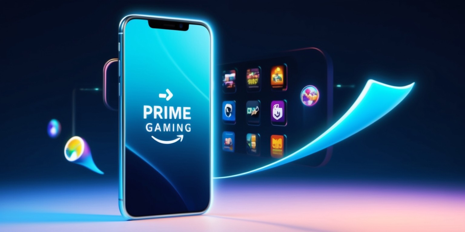 A modern, sleek, and vibrant digital illustration of the Prime Gaming app, showcasing a clean and intuitive user interface on a futuristic, high-resolution smartphone screen, with a subtle glow effect and smooth, rounded edges, set against a dark, gradient blue background that evokes a sense of innovation and gaming enthusiasm, with the Prime Gaming logo prominently displayed in bold, white, sans-serif font with a stylized, curved tail, accompanied by a selection of colorful, high-quality game icons and promotional banners, subtly illuminated to create a sense of excitement and exclusivity.