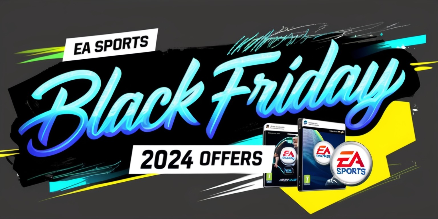 A bold and vibrant digital illustration of a promotional article featuring EA Sports Black Friday 2024 Offers in a modern, cursive, and gradient-style font with shades of electric blue and neon green, set against a dark grey or black background to convey a sense of excitement and urgency, with flashes of bright white or yellow highlights to represent deals and discounts, accompanied by stylized graphics of popular EA Sports games, such as Madden NFL or FIFA, with subtle textures and effects to give it a dynamic and attention-grabbing appearance, with a clear and easy-to-read layout, surrounded by minimal yet effective negative space to create a sense of breathability and focus on the offer.