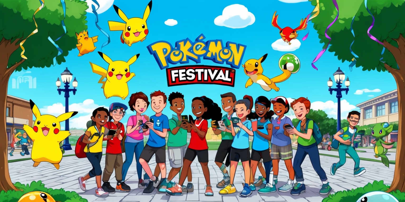 A vibrant and lively illustration depicting a Pokémon GO game event, set against a bright blue summer sky with fluffy white clouds, featuring a group of diverse friends and trainers, between 8-12 people, of different ages, skin tones, and abilities, all smiling and enthusiastically interacting with their smartphones, surrounded by various Pokémon, such as Pikachu, Charizard, and Squirtle, floating above them or peeking out from behind trees, with colorful balloons and streamers tied to lampposts and buildings in the background, and a large banner reading Pokémon GO Festival in bold, playful font, with a mix of urban and natural elements, such as streetlights, sidewalks, and trees, blending together to create a fun and dynamic atmosphere.