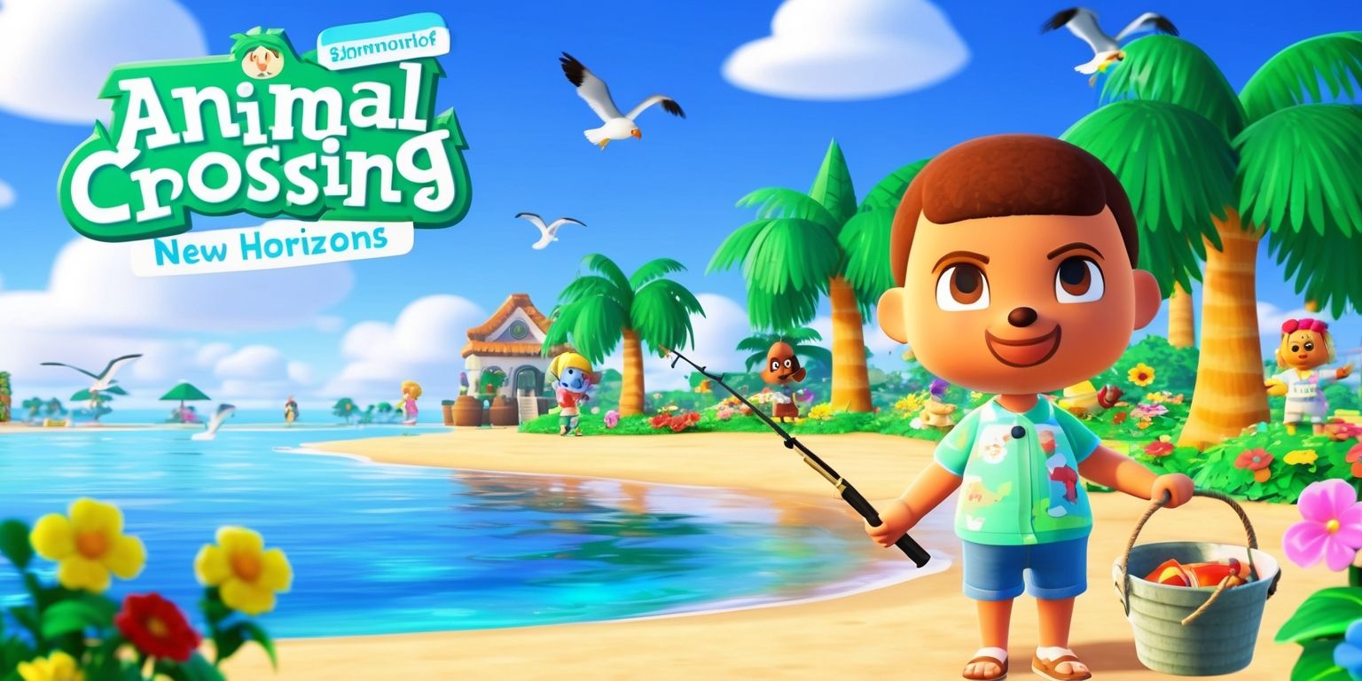 A serene and vibrant digital illustration of the Animal Crossing: New Horizons game, showcasing a character standing on a tranquil beach at sunset, surrounded by lush green palm trees, colorful flowers, and a few villager characters in the background, with a clear blue sky and fluffy white clouds, and a few seagulls flying overhead, the character is facing the camera with a warm smile, having a medium skin tone, bright brown eyes, and wearing a summer outfit, with a fishing rod in one hand and a bucket of fish in the other, the game's logo is visible in the top left corner of the image, in a bold, white, sans-serif font, with a subtle gradient effect, and the overall atmosphere is peaceful and inviting.