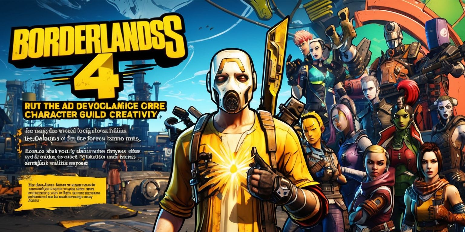 A vibrant, high-energy illustration of the Borderlands 4 game, highlighting the core gameplay features, with a focus on character build creativity and the developer's philosophical approach to the action-RPG genre, set against a stylized, gritty, post-apocalyptic backdrop with a mix of rugged, industrial, and futuristic elements, incorporating the game's signature blend of dark humor and colorful visuals, with bold, dynamic typography and eye-catching logos, and a diverse cast of characters in the foreground, each with unique facial features, skin tones, and distinctive attributes, showcasing the game's emphasis on player choice and customization.