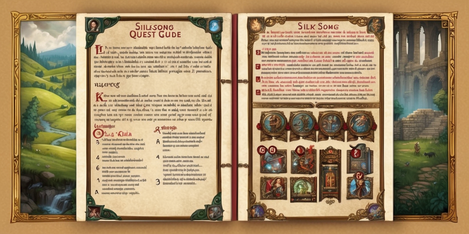 A detailed digital illustration of a Silksong game quest guide, featuring a medieval fantasy world with rolling hills, mystical forests, and ancient ruins, set against a warm beige background with golden accents, the guide itself is presented in a classic illuminated manuscript style with intricate calligraphy and ornate borders, the text is written in a bold serif font with key quest objectives highlighted in crimson red, the layout is divided into sections with small icons and illustrations of characters, creatures, and landmarks from the game, the entire design is infused with a sense of adventure, mystery, and wonder, with subtle texture and shading to give it a sense of depth and history.