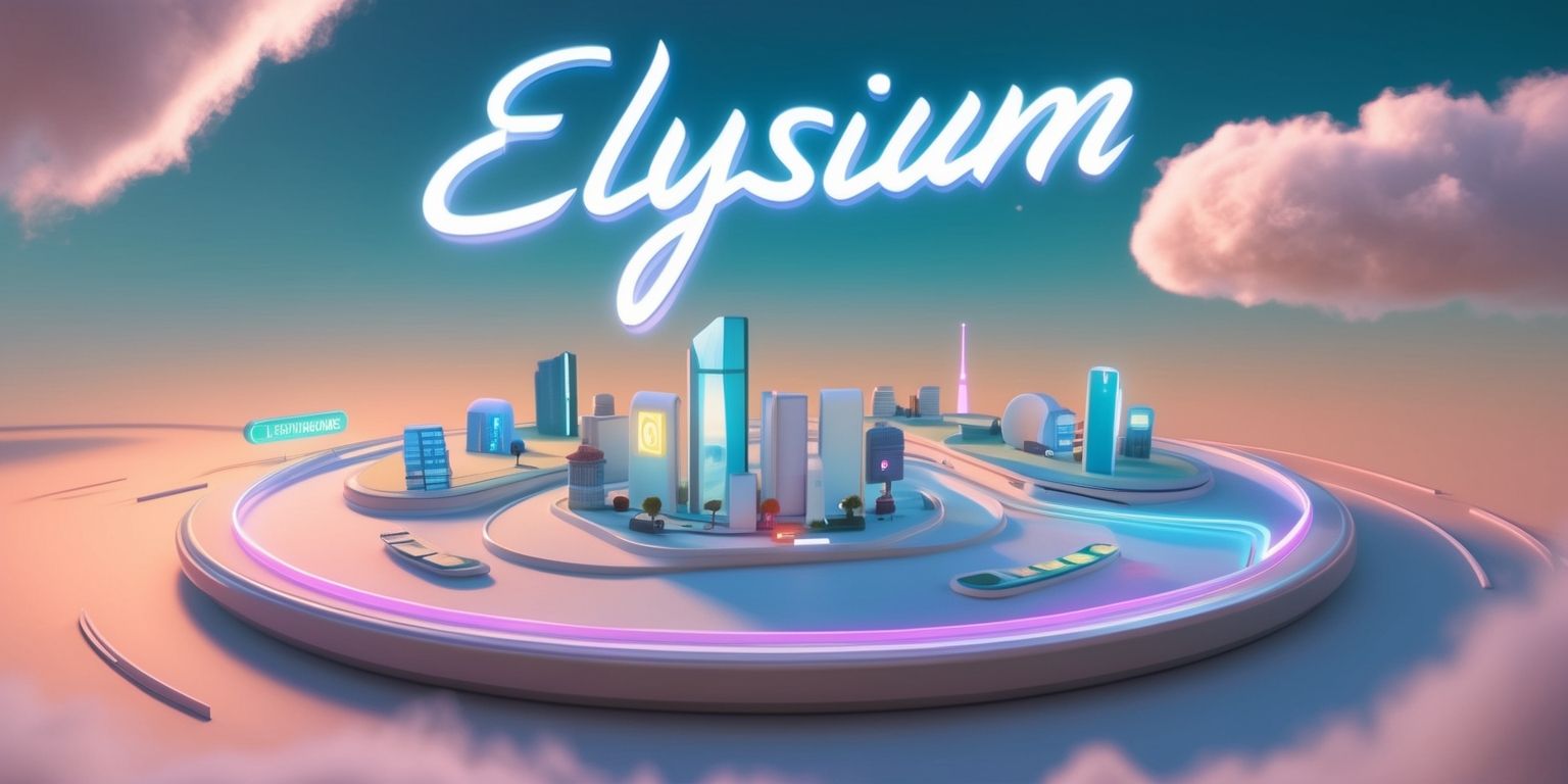 A futuristic, dreamlike scene depicting a life simulation game, set against a warm, gradient blue background, with subtle, swirling clouds of white and pale pink. In the center, a stylized, low-poly 3D game environment is shown, featuring a miniature virtual city with sleek, modern buildings, winding roads, and tiny, faceless avatars milling about. The game's user interface elements, such as menus, buttons, and gauges, are minimalist and neon-lit, with a soft, pulsing glow. The overall aesthetic is clean, vibrant, and slightly retro-futuristic, evoking a sense of nostalgia and wonder. The game's title, Elysium, is emblazoned across the top of the screen in bold, cursive script, with a shimmering, holographic effect. The image is bright, colorful, and richly detailed, inviting the viewer to step into the virtual world.