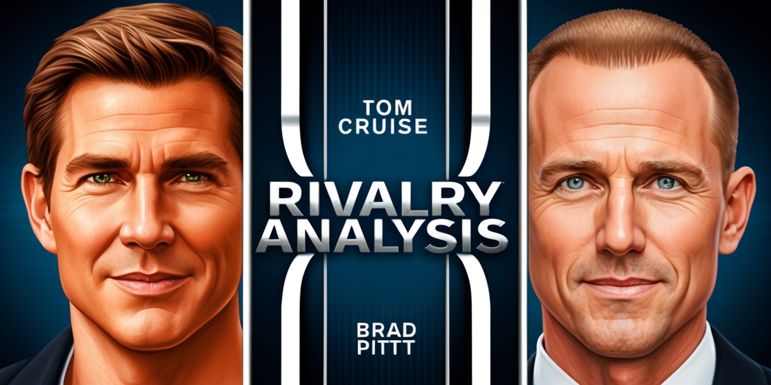 A split-screen illustration of Tom Cruise and Brad Pitt's faces, set against a dark blue background with subtle, gradient-like textures, evoking a sense of cinematic drama. Tom's face is placed on the left side, with his signature intense gaze, chiseled features, and a slight, knowing smile. His skin tone is a warm, golden brown. Brad's face is on the right side, with his piercing green eyes, strong jawline, and a hint of a smirk. His skin tone is a smooth, creamy complexion. The facial features of both actors are expertly rendered in a highly detailed, realistic style. In the center of the image, a bold, modern font with metallic accents reads Rivalry Analysis in silver, with the words Tom Cruise and Brad Pitt written in smaller text on either side, curved around the central title like a cinematic strip. The entire image is framed by a thin, white border, adding a touch of sophistication and elegance.