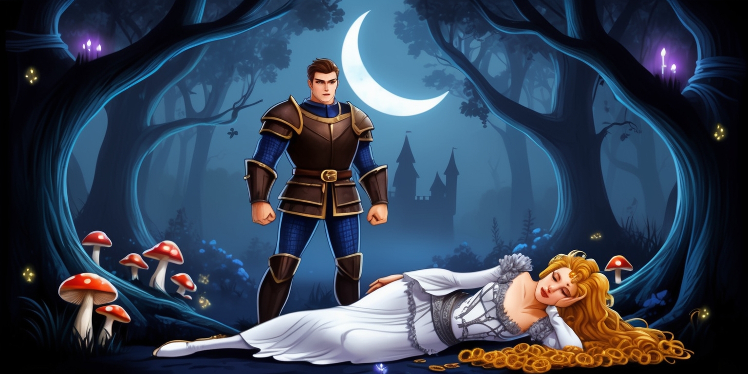 A medieval-themed fantasy illustration depicting a hero standing victorious over a defeated princess in a dimly lit, mystical forest, surrounded by ancient trees with glowing mushrooms and twinkling fireflies, the atmosphere is dark and moody with shades of deep blues and purples, the hero wears a suit of armor with a hint of gold accents, has a strong jawline, piercing blue eyes, and short, spiky brown hair, the princess lies on the ground, dressed in a flowing white gown with intricate silver trim, her long, curly blonde hair scattered around her, her eyes closed in defeat, in the background, a subtle, glowing crescent moon shines through the trees, with a faint outline of a medieval-style castle in the distance, the overall style is reminiscent of a nostalgic, classic video game poster, with bold lines, vibrant colors, and a sense of grandeur.