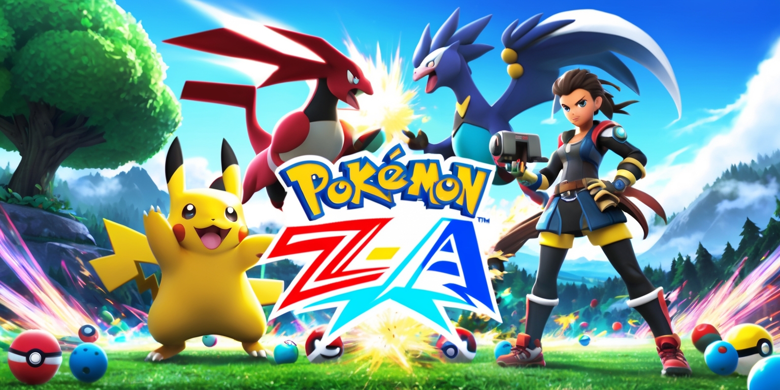 A vibrant and action-packed scene from Pokémon Legends: Z-A game, showcasing a dynamic battle between two powerful Pokémon, set against a stunning, detailed landscape with lush green trees, misty mountains, and a clear blue sky, with the Pokémon trainers standing confidently in the foreground, one with a determined expression and the other with a look of intense focus, both wearing distinctive outfits and holding high-tech gadgets, surrounded by a flurry of colorful Poké Balls, with the game's logo prominently displayed in a modern, bold font, in a mix of bright colors, including red, blue, yellow, and white, with a sense of energy and movement, capturing the essence of the exciting and adventurous world of Pokémon Legends: Z-A.
