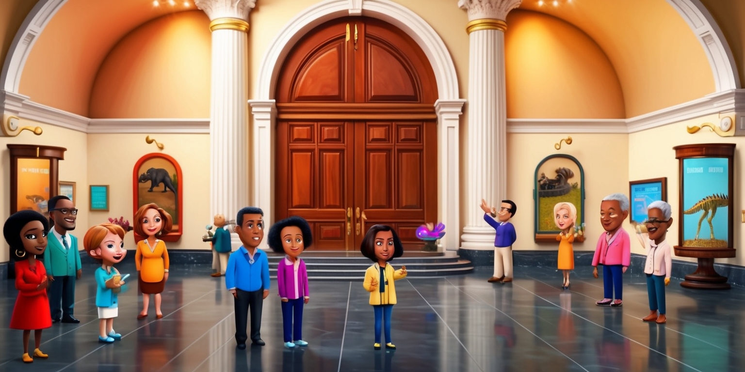 A vibrant, colorful digital artwork depicting a museum interior, inspired by the video game series Two Point. The museum's grand entrance features a large, ornate wooden door with brass handles, set against a backdrop of creamy white walls adorned with elegant, curved archways. The floor is made of polished, dark grey marble, reflecting the warm glow of overhead lighting. In the foreground, several museum visitors of varying ages, skin tones, and hair styles are scattered throughout the room, all engaged in different activities - some are marveling at exhibits, others are taking photos or reading placards. The visitors' facial features are friendly and curious, with subtle, animated expressions. A few exhibits are showcased, including a dinosaur skeleton, a vintage car, and an ancient artifact display case, all presented in a whimsical, exaggerated style reminiscent of the Two Point game series. The overall atmosphere is lively, educational, and playful.