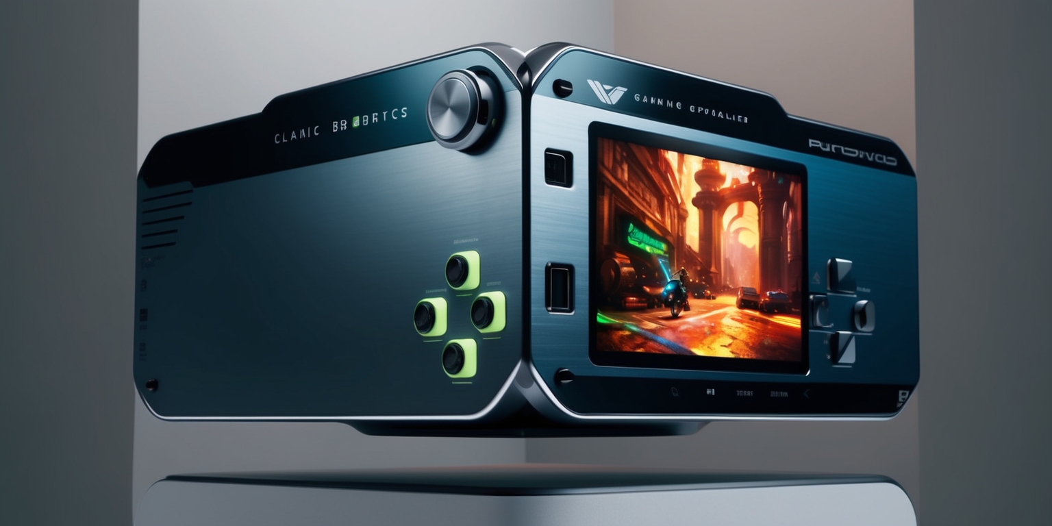 A high-resolution image of a Classic Graphics Upscaler gaming accessory, rendered in a detailed and photorealistic style, with a metallic finish and sleek design, set against a muted background to emphasize the device's features, including a series of buttons, ports, and a high-definition screen displaying a vibrant gaming scene with warm colors and subtle lighting effects, the overall aesthetic is futuristic and premium, with sharp lines and minimalist typography on the device's logo and interface, the color palette is a combination of deep blues and silvers, with accents of bright green and red, the layout is centered and symmetrical, with ample negative space to create a sense of depth and visual balance.
