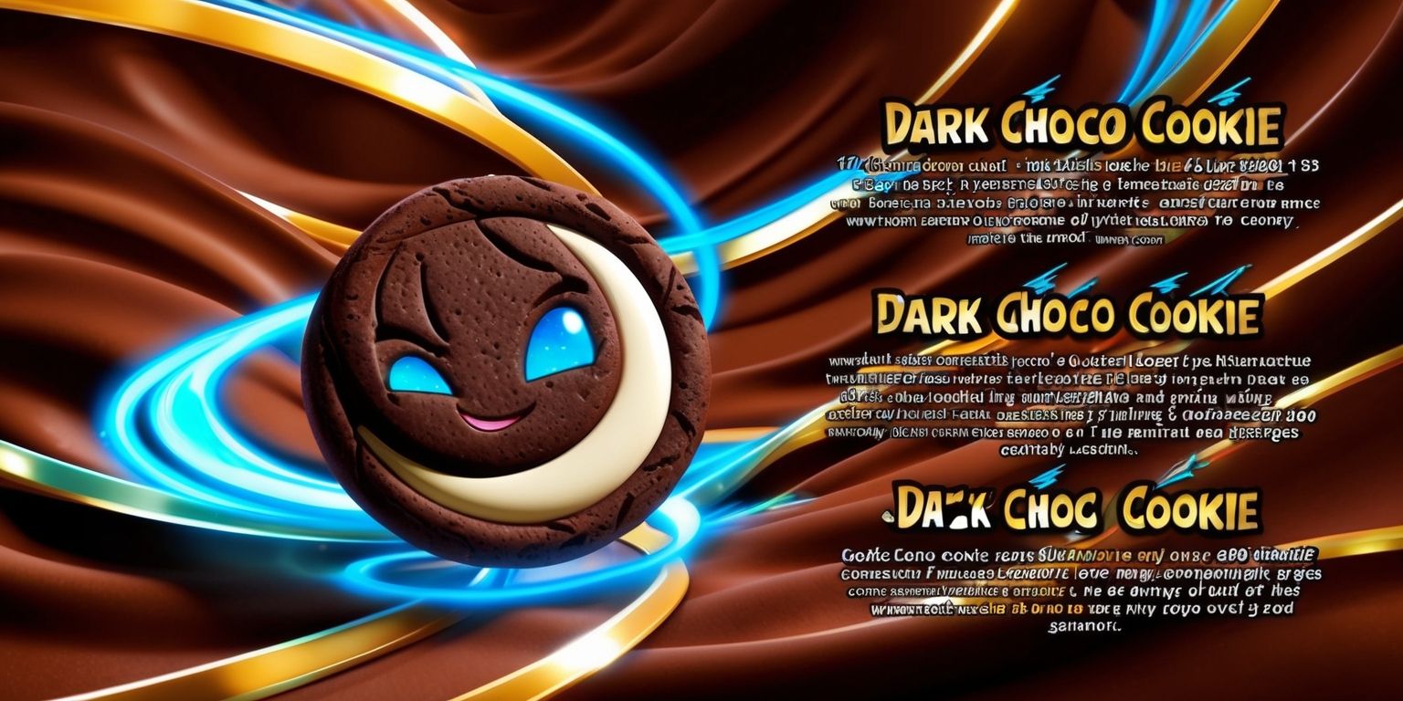 A vibrant, digitally illustrated scene depicting Dark Choco Cookie, a swift and agile in-game character, set against a rich, velvety brown background that resembles melted chocolate, with golden accents and vibrant, glowing blue lines that evoke a sense of speed and energy, the character's design features smooth, rounded edges and intricate details, with a deep, dark brown cookie exterior and a creamy, white chocolate filling, the character's facial features include bright, shining blue eyes and a mischievous, cheerful expression, surrounded by scrolling text that describes the character's backstory, abilities, upgrades, and gameplay strategies in a bold, modern font with a metallic sheen, the text is highlighted with bursts of colorful, swirling patterns that evoke a sense of excitement and dynamism.