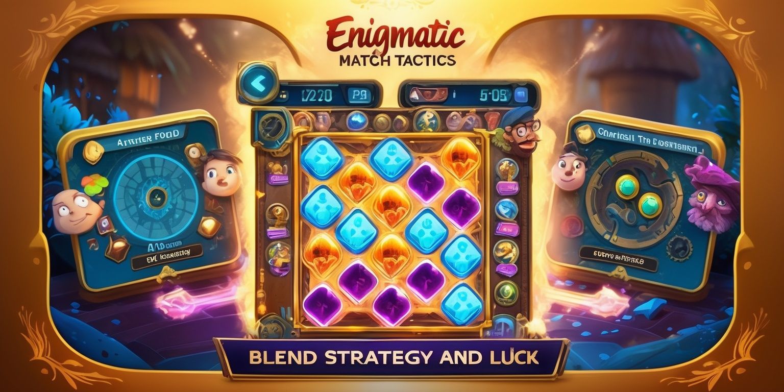 A vibrant, whimsical illustration of the Enigmatic Match Tactics game, showcasing a richly detailed world with quirky characters, and intricate strategic challenges, set against a warm, golden background with splashes of deep blues and purples, featuring a central match-three puzzle board with glowing, colorful tiles, surrounded by dynamic resource management meters and auto-battler mechanics, with a few characters peeking out from the sides, their facial features filled with curiosity and determination, and a subtle, shimmering light effect to convey the immersive, layered puzzle adventure, with the game's title in bold, cursive font, with the words Enigmatic Match Tactics in a mix of bright, fiery orange and deep, mysterious purple, with the tagline Blend Strategy and Luck in a smaller, sleek font above the title.