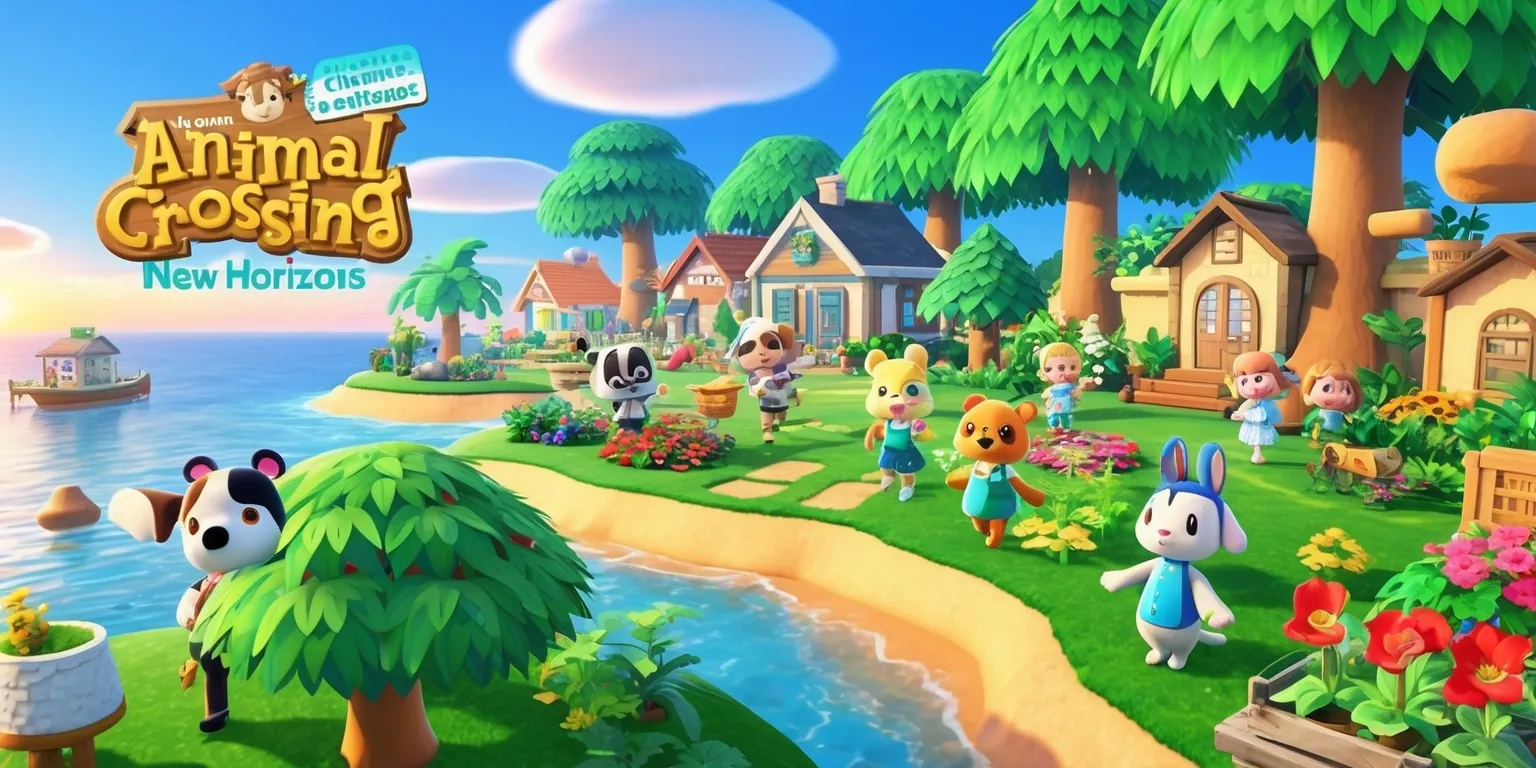 A vibrant and colorful digital illustration of the Animal Crossing: New Horizons game, showcasing a serene island landscape with lush green trees, bright blue skies, and a variety of adorable characters, including Tom Nook and other familiar faces, amidst beautifully designed homes, gardens, and outdoor furnishings, with a mix of warm and cool colors, and a sense of tranquility and wonder, set against a stunning sunset backdrop with soft, gentle lighting, and a clear view of the game's iconic logo and user interface elements, such as menus and icons, blending seamlessly into the scenery, with intricate details and textures that bring the game's charming world to life.