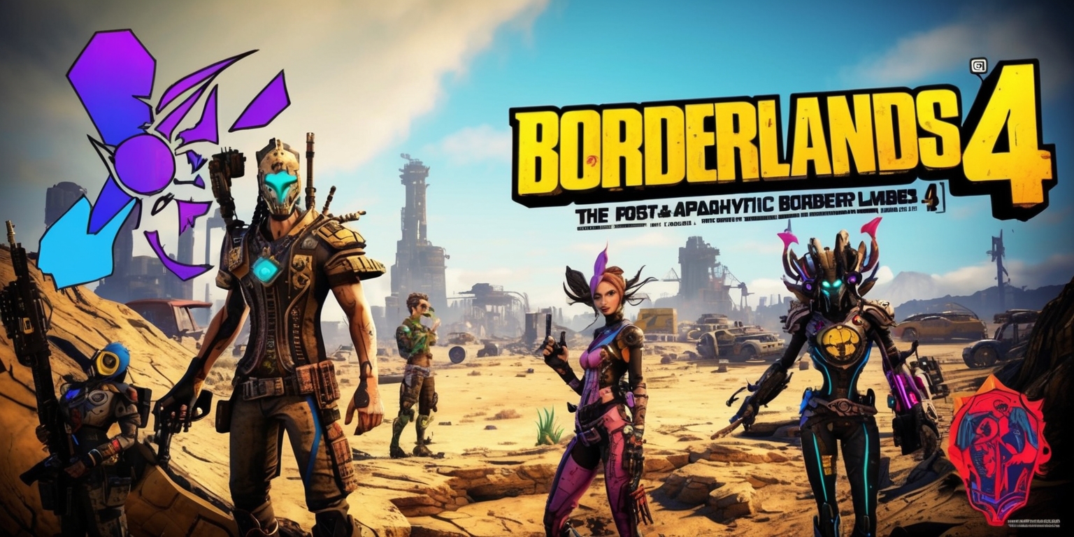 A vibrant, post-apocalyptic landscape from the Borderlands 4 game, with a rugged, dusty terrain, and a vast, open sky, featuring a mix of dull earthy tones and bright, neon colors, including shades of blue, purple, and green, with characters from the game, such as treasure hunters and warriors, with unique, exaggerated facial features, and intricate, futuristic costumes, and weaponry, in the foreground, with a blurred, distant backdrop of destroyed buildings, and abandoned vehicles, and a subtle, gritty texture, with bold, eye-catching typography, and logos, in a stylized, comic book-inspired style, with a sense of dynamic energy, and movement, capturing the game's eclectic, chaotic atmosphere.