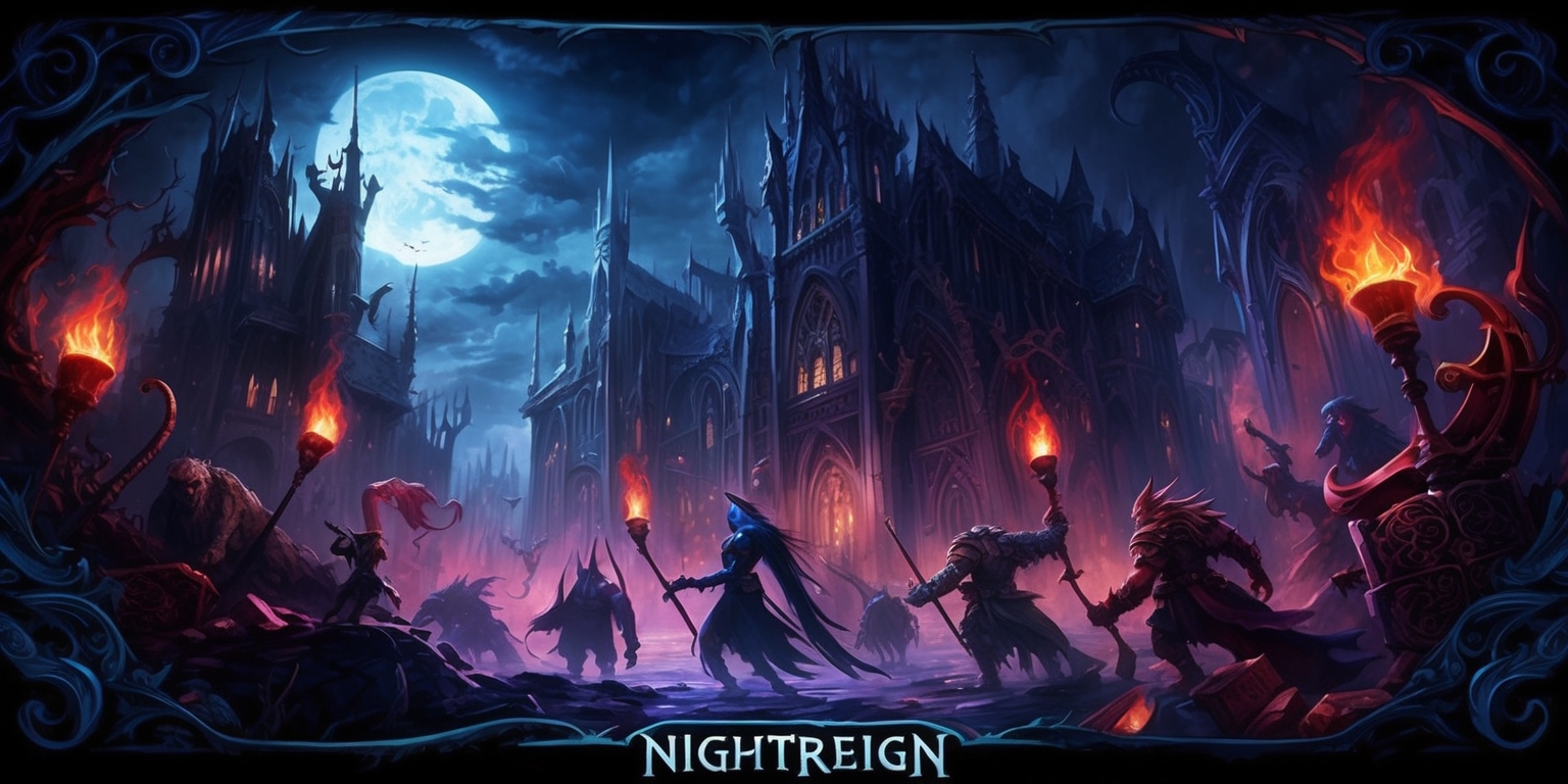 A dark, moody digital illustration depicting a fantastical nocturnal scene inspired by a game called Nightreign, where mystical creatures and warriors are set against a backdrop of a haunting, moonlit cityscape with twisted Gothic architecture, illuminated by flickering torches and an eerie, ethereal glow, with shades of midnight blue, dark purple, and crimson red dominating the palette, and intricate details like ornate scrollwork, mystical runes, and ancient artifacts scattered throughout the scene, with a sense of foreboding and mystery permeating the atmosphere.