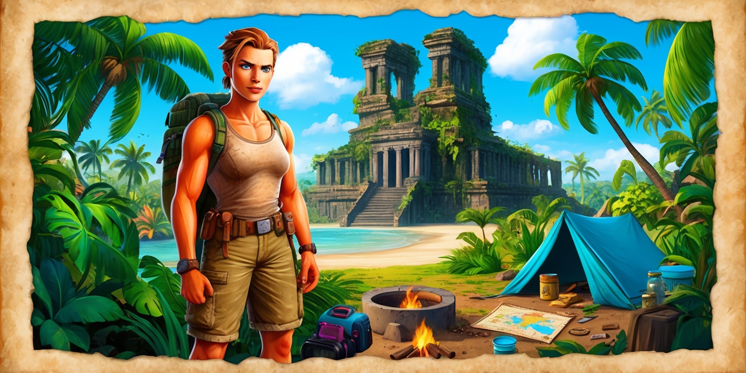 A vibrant, picturesque scene depicting a stranded adventurer on a lush, tropical island, surrounded by swaying palm trees and exotic flora, with a ruined, ancient temple visible in the background, overgrown with vines and moss. The adventurer, a determined-looking individual with a strong jawline, bright blue eyes, and sun-kissed skin, wears a worn, beige tank top, khaki shorts, and sturdy hiking boots, with a utility belt and a backpack full of supplies. The atmosphere is warm and humid, with a few puffy white clouds scattered across the bright blue sky. In the foreground, a makeshift campsite with a small fire pit, a tent, and various tools and equipment scattered around, such as a first-aid kit, a water canteen, and a map. The overall style is reminiscent of classic adventure games, with bold, vibrant colors and intricate details, framed by a subtle, worn, parchment-like border.