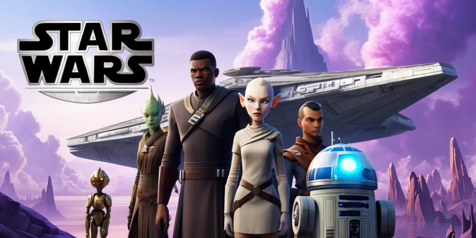 A futuristic Star Wars role-playing game scene with a group of diverse characters, including a tall, dark-skinned human with a determined expression, a pale-skinned female alien with pointed ears and an androgynous appearance, and a short, stocky robot with a metallic body and bright, glowing blue eyes, all standing together in front of a sleek, silver spaceship, set against a vivid, colorful backdrop of a distant planet with swirling purple clouds and towering, jagged mountains, with the game's logo, a stylized, silver font with bold, sans-serif letters, displayed prominently in the top left corner of the image, and a subtle, textured effect to give the scene a sense of depth and realism.
