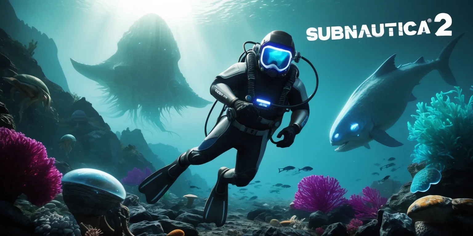 A futuristic underwater scene from Subnautica 2, featuring a diver in a sleek black and silver spacesuit with a glowing blue helmet, surrounded by an assortment of alien sea creatures, including a large ghostly Leviathan in the background, with the sun's rays barely visible through the murky waters, illuminating the vibrant turquoise and purple hues of the ocean's flora, set against a stunning backdrop of an underwater mountain range, with the game's logo subtly integrated into the scenery, in a stylized, photorealistic art style, with dramatic lighting and atmospheric effects, emphasizing the sense of wonder and discovery that defines the game.