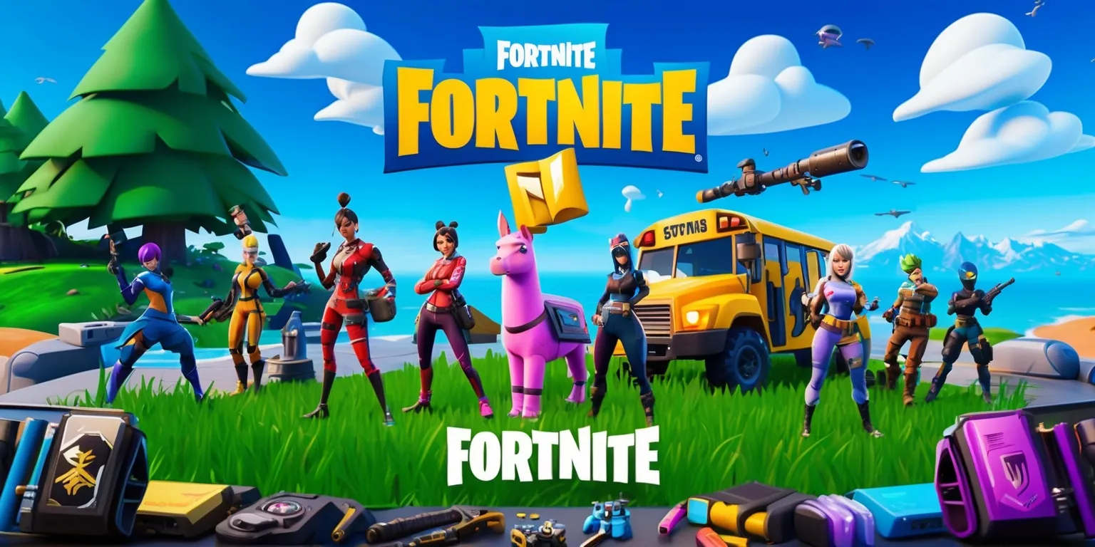A vibrant and dynamic digital illustration of the popular Fortnite game, showcasing a lively and colorful scene with characters, known as skins, in various outfits and accessories, set against a backdrop of a futuristic island with lush green trees, distant mountains, and a bright blue sky with fluffy white clouds, with a central focus on the game's iconic Loot Llama and Battle Bus, surrounded by weapons, items, and building materials, with bold lines, sharp textures, and intricate details, and a mix of realistic and stylized elements, blending fantasy and science fiction elements, with a sense of action, adventure, and excitement, and a hint of humor and playfulness, with the Fortnite logo prominently displayed in a bold, blue, and yellow font, with the words Fortnite and the game's slogan written in a curved line above and below the logo.