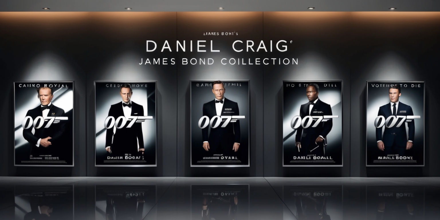 A sophisticated, high-contrast image depicting Daniel Craig's James Bond film collection, featuring all six movie posters from Casino Royale to No Time to Die, arranged in a sleek, modern gallery-style layout with a dark grey or black background, accentuated by subtle, warm lighting that highlights the metallic sheen of the Bond logo, with the title of each film in bold, silver font, and the corresponding tagline or key art elements in a stylish, modern sans-serif font, with Bond's iconic Aston Martin DB5 or other memorable vehicles and gadgets discreetly incorporated into the design, creating a sense of luxury, sophistication, and high-stakes adventure, evoking the suave, rugged, and charismatic persona of Daniel Craig'sJames Bond.