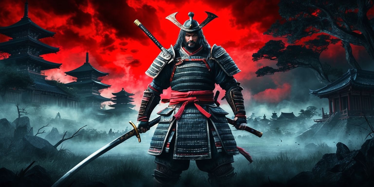 A dark fantasy action-adventure scene set in feudal Japan, inspired by the Nioh 3 game, with a brave samurai warrior standing victorious in the midst of a eerie, misty landscape, surrounded by ancient temples and towering trees, with a vibrant, ominous red sky in the background, and the samurai's traditional armor and sword at the forefront, with intricate details and textures, in a stylized, cinematic visual style, with bold lines and intense colors, and a sense of intense action and drama, with the warrior's facial features strong and determined, and the atmosphere thick with tension and mystery.