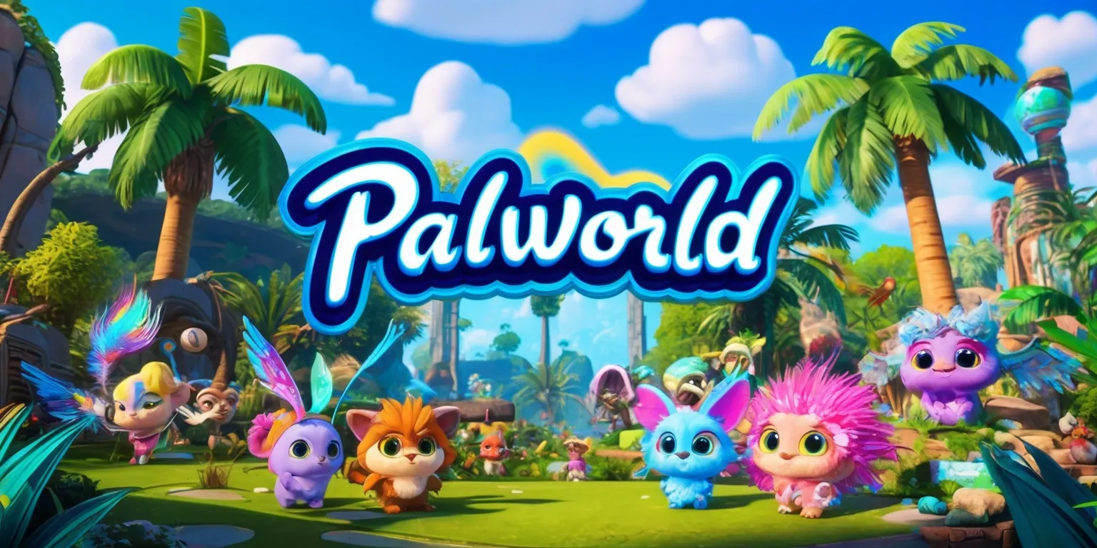 A vibrant and colorful digital artwork depicting the world of Palworld, a futuristic fantasy game, with lush green forests, towering palm trees, and exotic flora, set against a bright blue sky with puffy white clouds, featuring the game's iconic Pals, adorable creatures with distinct facial features, varied skin colors, and unique attributes, such as iridescent wings, fluffy fur, and glittering accents, with a mix of futuristic and natural elements, including sleek technology and ancient ruins, in a dynamic layout with bold lines, intricate details, and a sense of adventure, with the Palworld logo prominently displayed in a modern, cursive font, in a bright, electric blue color, with a subtle glow effect, inviting players to explore the wonders of this immersive game world.