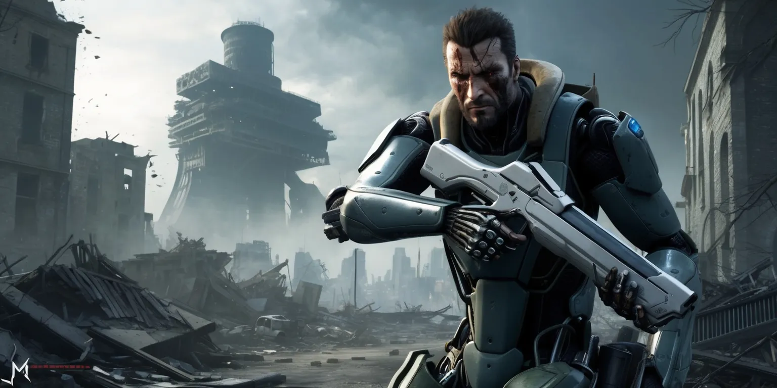 A futuristic and gritty scene depicting a protagonist from the Metal Gear series, with a sleek and metallic exoskeleton, standing in the midst of a war-torn cityscape, surrounded by destroyed buildings and debris, with a distant, ominous factory or fortress in the background, incorporating a muted color palette with shades of gray, blue, and brown, and featuring the protagonist's determined facial expression, with sharp jawlines, piercing eyes, and a rugged, weathered complexion, holding a sleek, high-tech firearm, with the Metal Gear logo subtly integrated into the composition, perhaps on the protagonist's armor or on a nearby billboard, with a sense of tension and danger lurking in every corner, and a dramatic, cinematic lighting effect casting deep shadows and highlights on the scene.
