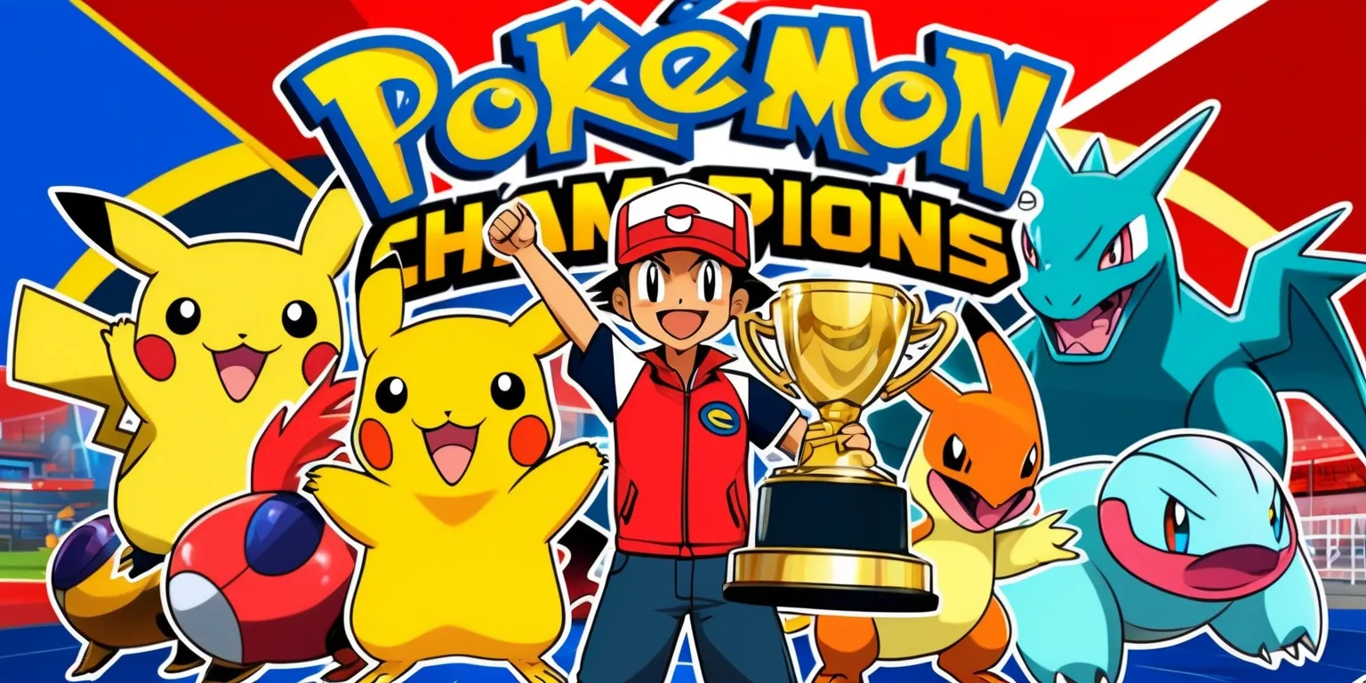 A vibrant digital illustration of the Pokémon Champions game, featuring a central figure of a young Pokémon trainer standing proudly with a trophy, surrounded by a diverse group of Pokémon, including Pikachu, Charizard, and Blastoise, with a cityscape or stadium in the background, incorporating a bold color palette with shades of red, blue, and yellow, and a dynamic composition with the trainer and Pokémon positioned in a celebratory pose, with the game's logo prominently displayed in a modern, sans-serif font, with the words Pokémon Champions written in a curved line above the trainer's head, in a bright, shining gold color that reflects the excitement and glory of the championship title.