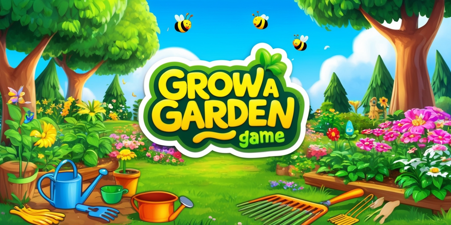 A vibrant and colorful digital illustration of a whimsical garden scene for the Grow a Garden game, featuring lush greenery, blooming flowers, and towering trees, with a clear blue sky and fluffy white clouds in the background, and a variety of garden tools and accessories, such as watering cans, rakes, and gardening gloves, scattered throughout the scene, with a prominent and stylized game logo in a bold, curly font with bright green and yellow letters, and a few playful and smiling garden creatures, like bees and butterflies, flying around and adding to the game's charm and atmosphere.