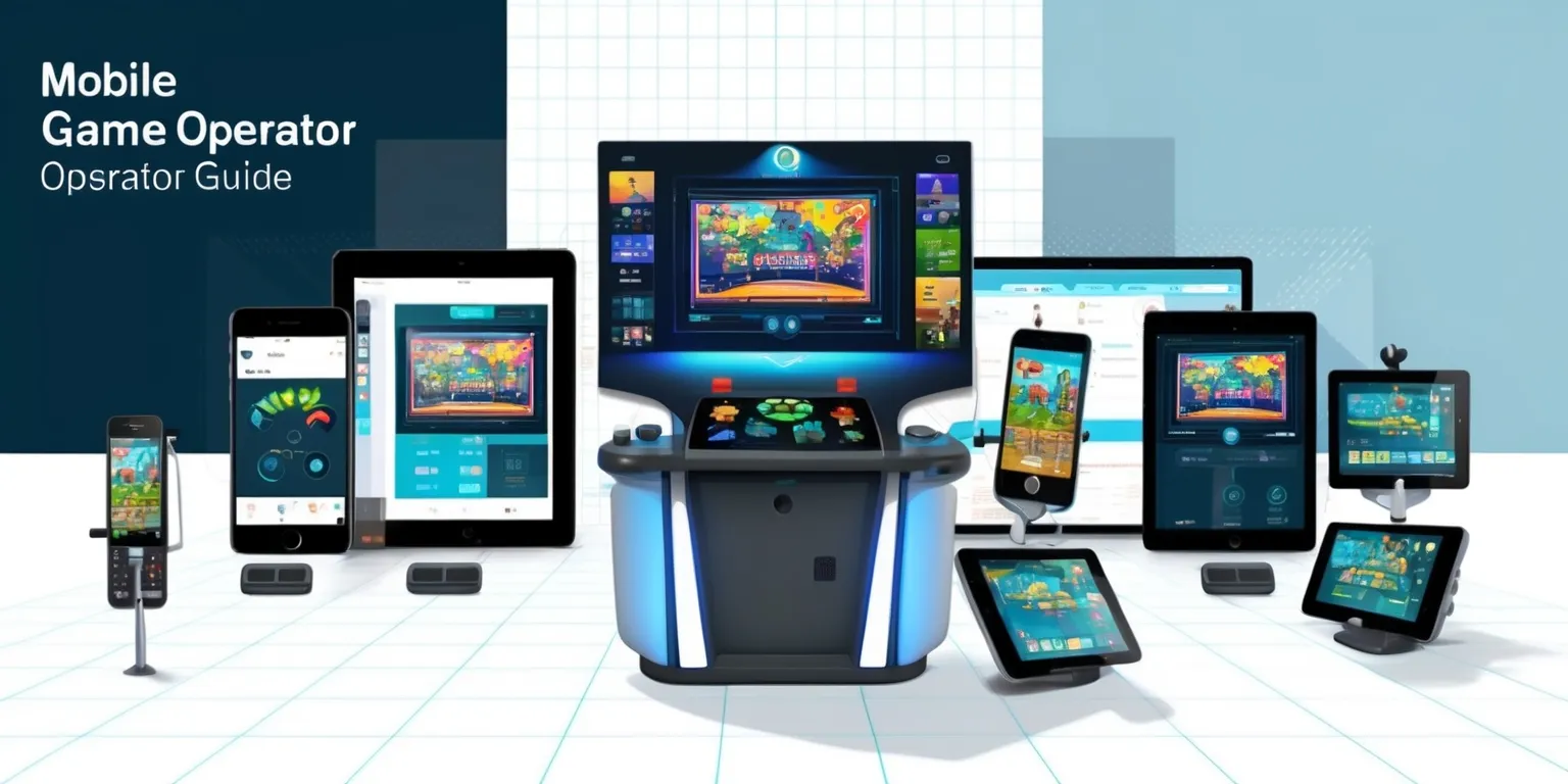 A detailed digital illustration of a mobile game operator guide, set against a clean and modern background with a palette of calming blues and whites, featuring a central console with sleek lines and a high-resolution screen displaying a game interface with vibrant colors and sharp graphics, surrounded by various mobile devices such as smartphones and tablets, all with different screen sizes and orientations, showing different stages of the game, with a few operator buttons and joysticks in the foreground, and a subtle grid pattern in the background to convey a sense of technology and innovation, with bold sans-serif fonts used for headings and clear concise labels for the different game controls and menus, and a few subtle shadows and highlights to give the image a sense of depth and dimensionality.