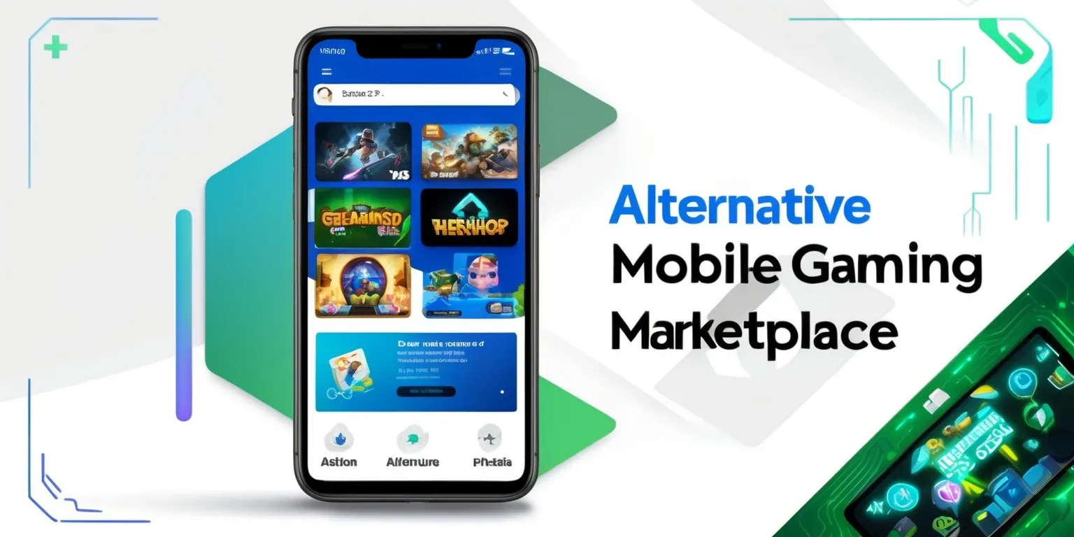 A sleek and modern Alternative Mobile Gaming Marketplace app interface on a high-resolution smartphone screen, featuring a visually appealing layout with vibrant colors, including shades of blue and green, and a prominent search bar at the top, with various gaming icons and logos of popular games displayed in a grid or carousel format, including action, adventure, and puzzle games, with a navigation menu at the bottom, and a banner or promotional section highlighting exclusive deals, rewards, or new releases, set against a clean and minimalist background, with a hint of futuristic or technological elements, such as neon lights or circuit board patterns, and a overall design aesthetic that is both youthful and sophisticated.