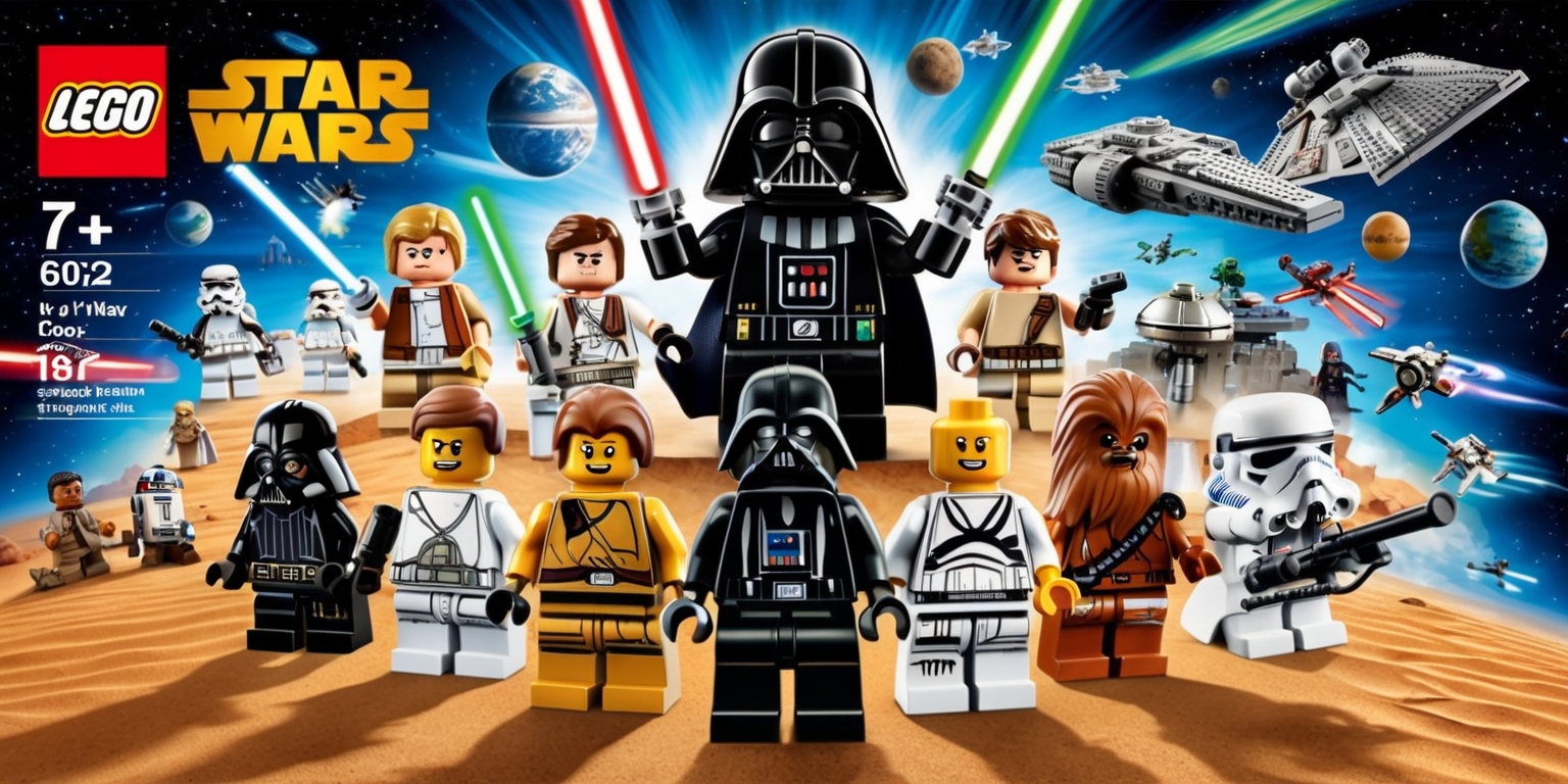 A vibrant and action-packed scene from a LEGO Star Wars movie, featuring a diverse cast of LEGO minifigures, including recognizable characters such as Luke Skywalker, Darth Vader, and Chewbacca, set against a richly detailed and colorful background of stars, planets, and spaceships, with bold lines, sharp textures, and a dynamic layout that captures the excitement and adventure of the Star Wars universe, incorporating a range of bright colors, from the deep blues and grays of space to the warm earth tones of desert planets, and showcasing the unique visual style and humor that is characteristic of LEGO animated films.