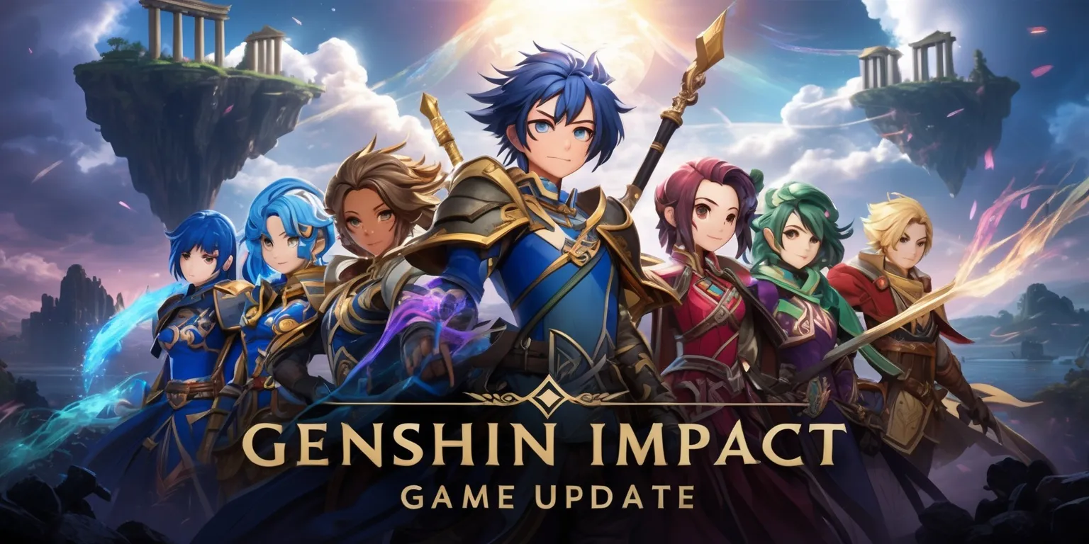 A polished promotional key visual for a Genshin Impact game update, featuring a dramatic fantasy landscape with floating islands, ancient ruins, glowing elemental energy, and atmospheric clouds beneath a luminous sky. Place a diverse group of stylized anime-inspired adventurer characters in the foreground, each with distinctive hairstyles, expressive faces, detailed fantasy costumes, ornate weapons, and subtle elemental effects in vibrant blue, gold, violet, green, and crimson. Use dynamic composition, cinematic lighting, rich cel-shaded rendering, intricate environmental details, magical particles, and a sense of discovery and adventure. Include elegant update-presentation typography reading Genshin Impact Game Update, with refined gold lettering, subtle luminous accents, and clean placement that complements the artwork without obscuring the characters or scenery.