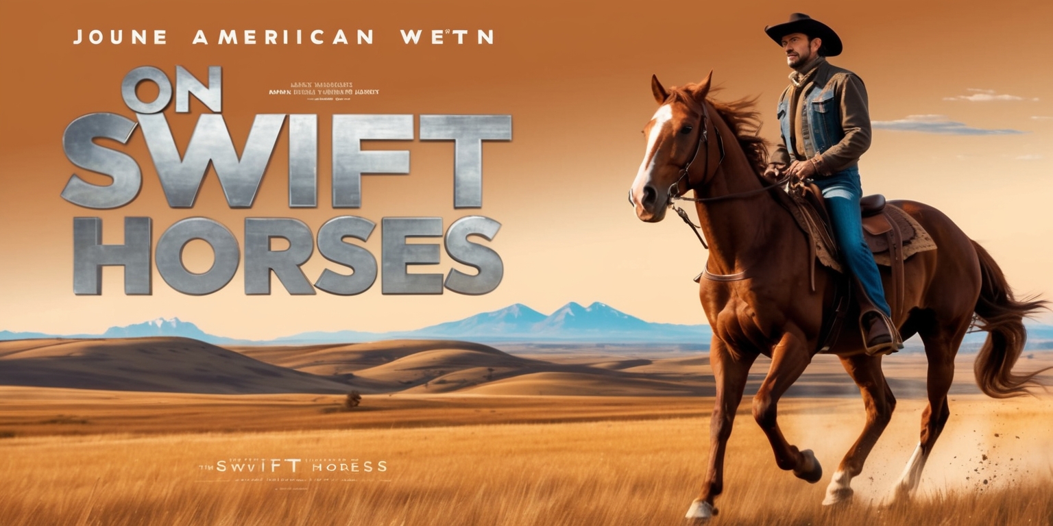 A cinematic poster for the movie On Swift Horses set against a warm, golden-brown background, evoking the American West, with a bold, modern font displaying the title in silver letters, adorned with subtle, cowboy-inspired typography elements, featuring a majestic horse in the foreground, galloping freely, its coat a rich chestnut brown, mane and tail flowing in the wind, with a lone rider, dressed in worn denim and a faded leather jacket, face shaded by a wide-brimmed hat, looking back over their shoulder, their facial features strong and determined, set against a vast, open landscape with rolling hills and a distant mountain range, under a clear blue sky with a few wispy clouds, capturing the essence of freedom and adventure.