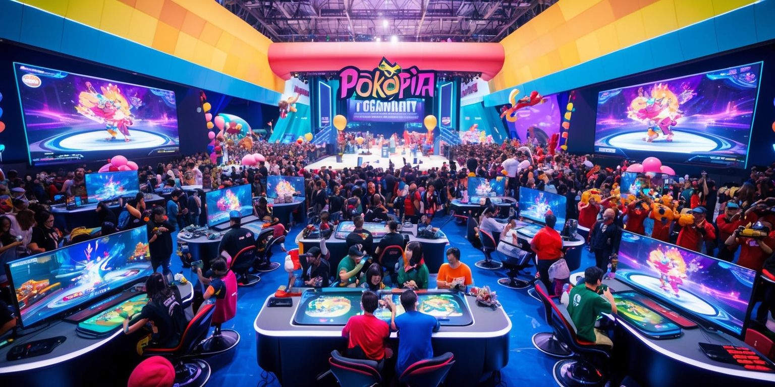 A vibrant and lively scene of a Pokopia game event, set in a large convention center with a high ceiling, filled with enthusiastic fans of all ages and diverse backgrounds, gathered around various gaming stations and booths, featuring large screens displaying dynamic gameplay, colorful Pokopia characters, and futuristic graphics, with players engaged in competitive tournaments, while others explore interactive exhibits, and take photos with cosplayers dressed in elaborate costumes, surrounded by Pokopia-themed decorations, balloons, and neon lights, with a large stage in the center hosting a tournament finals, and a crowd of spectators cheering and holding up Pokopia-themed accessories, amidst a backdrop of bright colors and futuristic architectural elements.